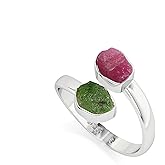 LUSTRE AND LIGHT Natural Raw/Rough Emerald & Ruby 2 Stone Size Adjustable Stackable Twister Ring for Women in Sterling Silver, May & July Birthstone Jewelry Gifts for Her (Bezel-Set)