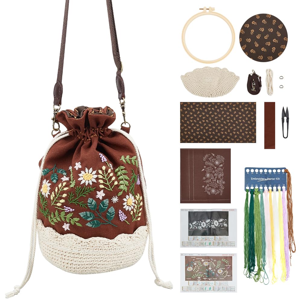 FREEBLOSS 27x14cm Embroidery Bucket Bag Flower Style Embroidery Kit with Instruction Cotton Embroidery Starter Kit for Beginners Adults