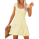 Women Summer Dresses Casual Boho Smocked Ruffle Sun Beach Babydoll Mini Dress Layered Flowy Swing Dress