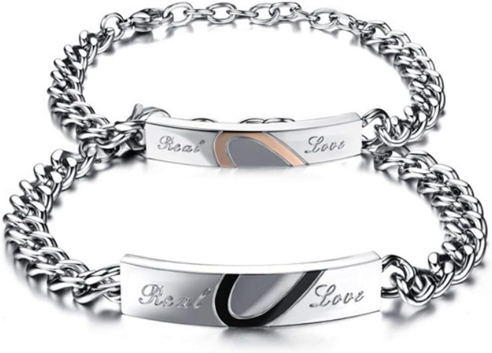2PCS Couples Bracelets Set Stainless Steel Love Heart Matching