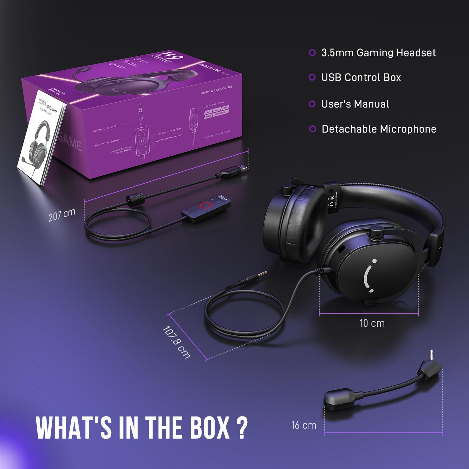 FIFINE PC Gaming Headset, USB Headset with 7.1 Surround Sound, Detachable Microphone, Control Box, 3.5mm Headphones Jack, Over-Ear Wired Headphones for PS5/Xbox/Switch, Black-AmpliGame H9