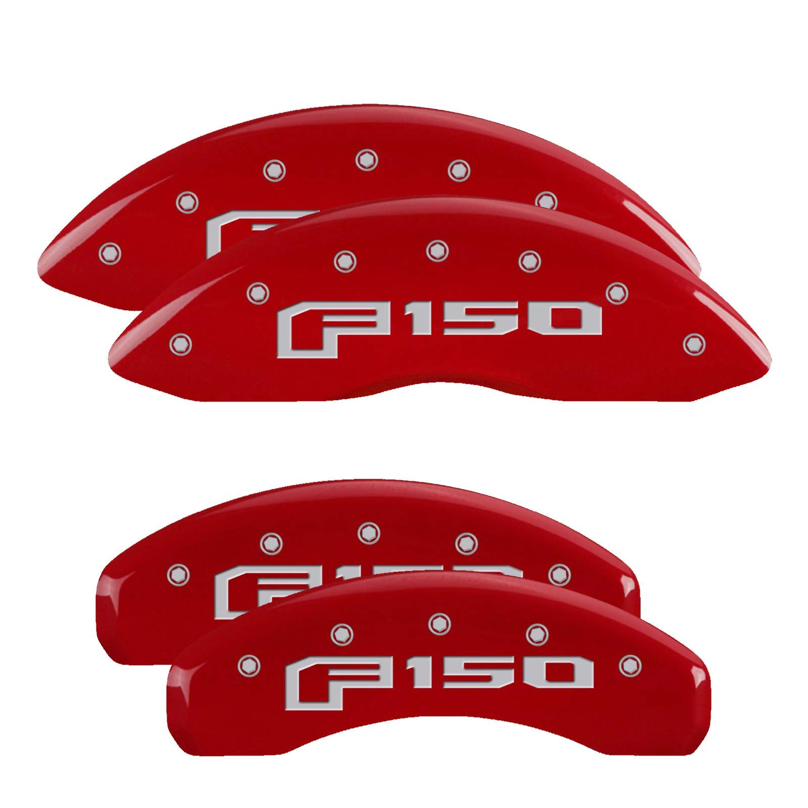 Photo 1 of MGP Caliper Covers - Brake Caliper Covers 2012-2020 Ford F-150 (Mechanical Parking Brake) Front and Rear Set - F-150 Logo - Red