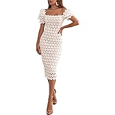 Cololura Women Elegant Floral Lace Mesh Short Sleeve Formal Evening Gown Party Bodycon Pencil Dress