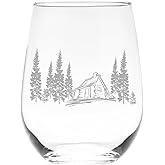 C M - Cabin in the Woods Stemless Wine Glass - 17 oz - Cabin Themed Gift for Men and Women