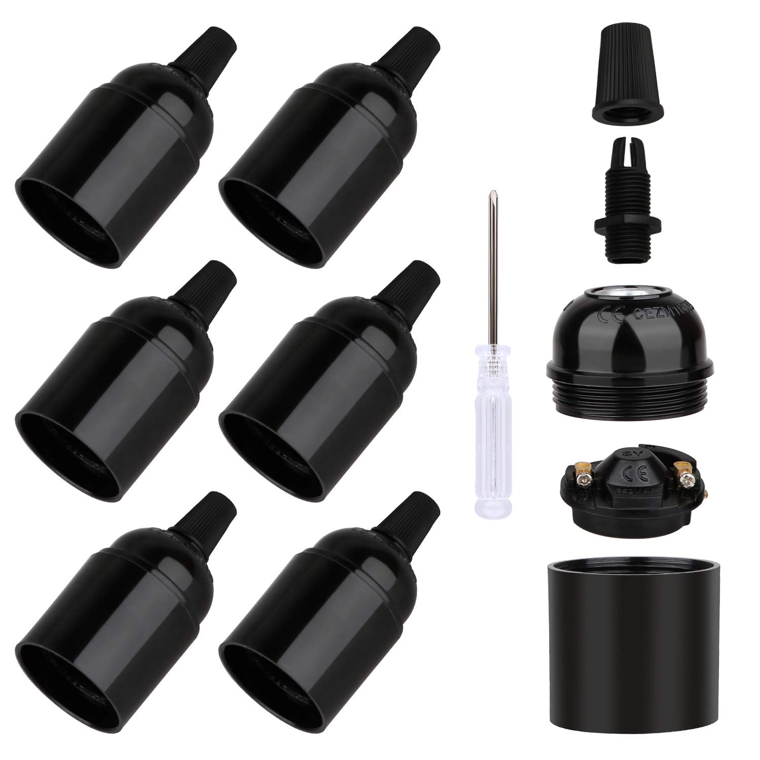 Zevnico 6 Pcs E27 Lamp Holder, Vintage Black Edison E27 Screw Lampholder Fitting, Bakelite 250V 4A, DIY Pendant Hanging Ceiling Table Light Lighting, Socket Bases Light Bulbs Holders Socket(Pack of 6)