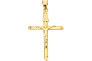 TOP GOLD & DIAMOND JEWELRY 14K Yellow Gold Jesus Engraved Cross Pendant - Crucifix Charm Polish Finish - Handmade Spiritual Symbol - Gold Stamped Fine Jewelry - Great Gift for Men & Women