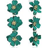 Elegant Bohemian Matte Tiered Triple Flower Dangle Drop Earrings Chic Charm Cute Long Floral Stud Earrings for Women Statement Jewelry Gifts