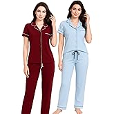 Women's Pajama Short Set 2-Pack - Lightweight Soft PJ Sets for Women with Button-Front Top, Elastic Waistband & Cute Prints
