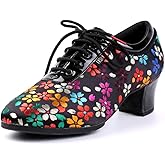 JUODVMP Women's Ballroom Dance Shoes Closed-Toe Lace-up Split-Sole Salsa Professional Practice Low Heel Dance Shoes