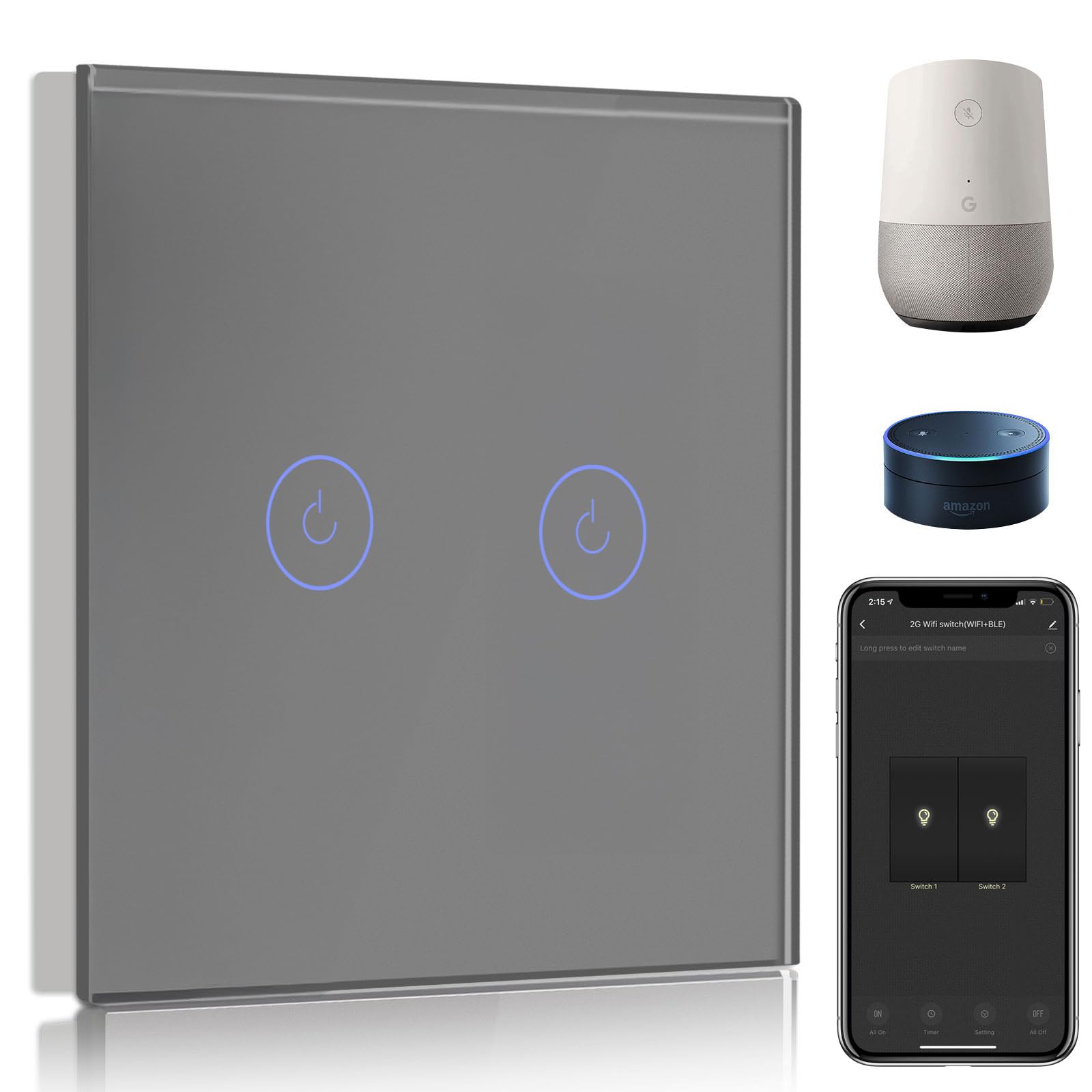 BSEED Smart Light Switch,Compatible with Alexa and Google Home,2 Gang 1 Way WiFi Touch Switch,2 Way or Multi-Way Control by SmartLife APP,Grey Alexa Switch with LED Indicator Light-Neutral Wire Need