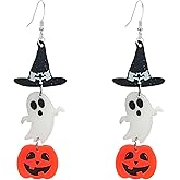 Seakuur Acrylic Halloween Earrings Spooky Ghost Pumpkin Bat Spider Web Witch Hat Dangle Earrings for Women Party Jewelry