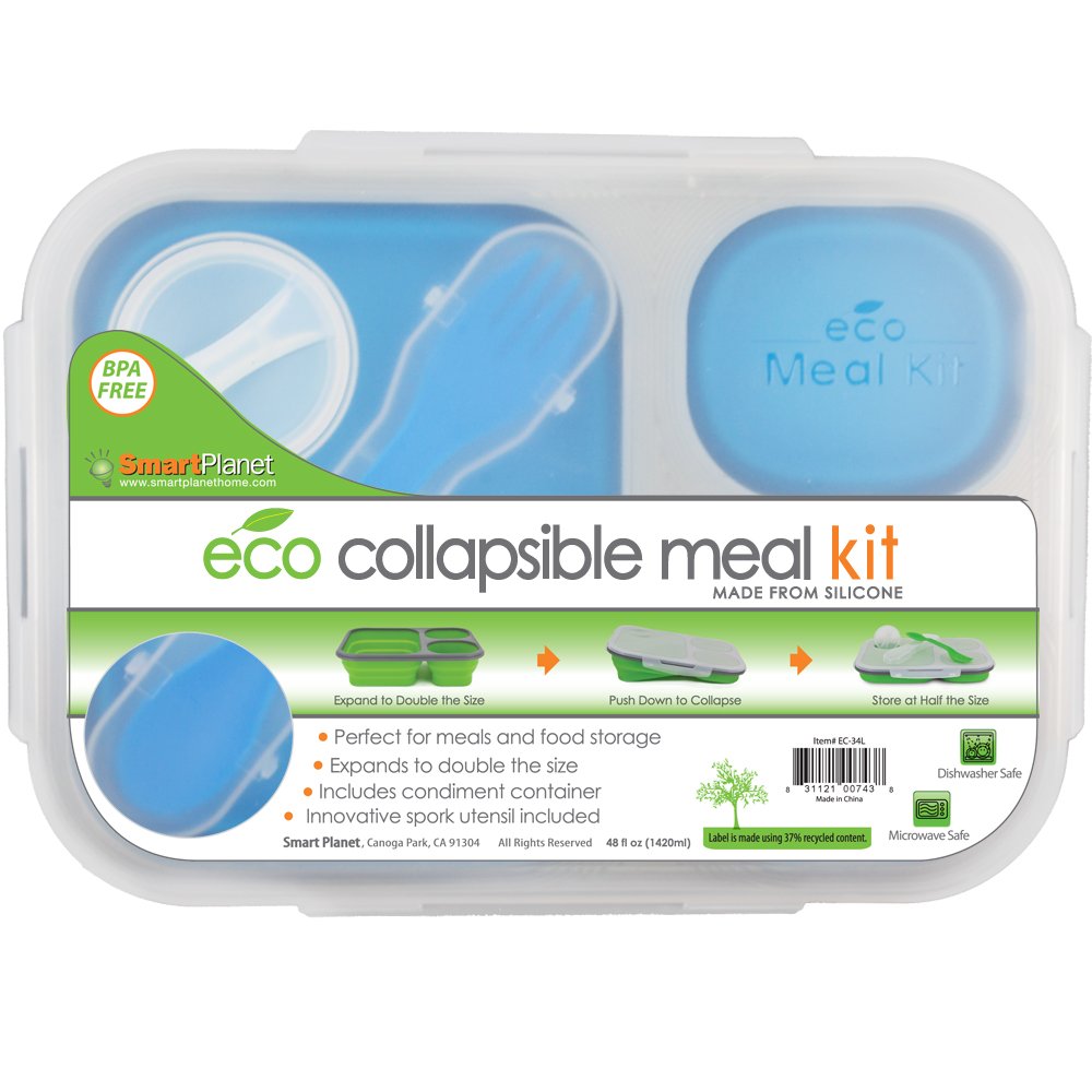 Smart Planet EC-34 Large 3-Compartment Eco Silicone Collapsible Meak Kit Lunch Box, Blue