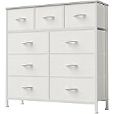 DUMOS Dresser for Bedroom, Storage Organizer with 9 Drawers, Chest of Drawers with Fabric Bins, Sturdy Metal Frame, Wood Tabletop for Guest Room, Closet, Entryway, White