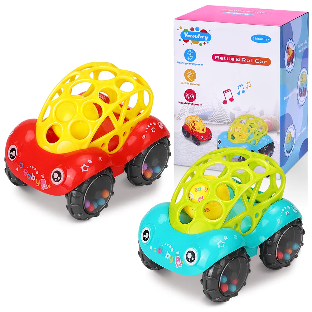 Baby Soft Rattle Car Toy, Infant Rattle Roll Car Toy 6-12 Months Baby 1-3 Hand Grasping Ball Toys Flexible Sounds Kids Play, 2 Pack