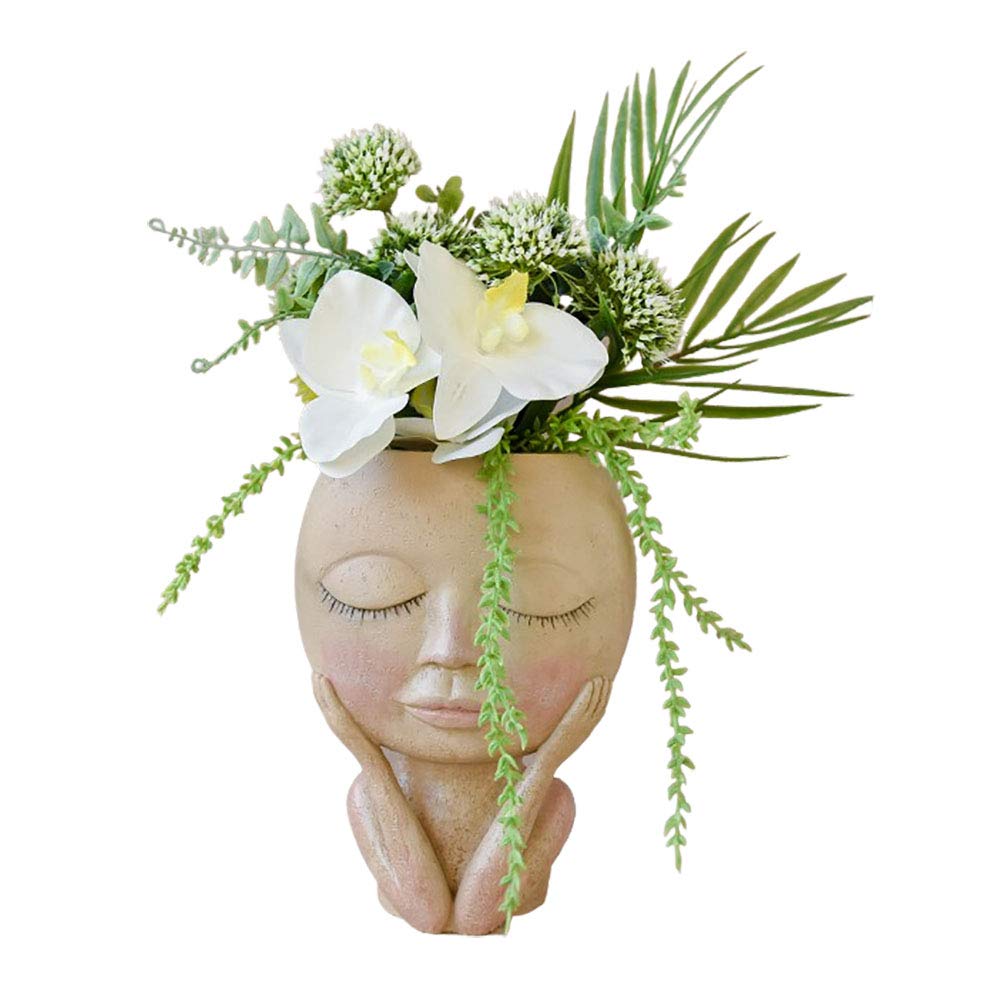 Yuepin Head Planter Pot, Closed Eyes Face Flower Planter Resin Succulent Planter Cactus Planter with Drainage Hole Home Garden Decor Sculpture (Closed eyes)