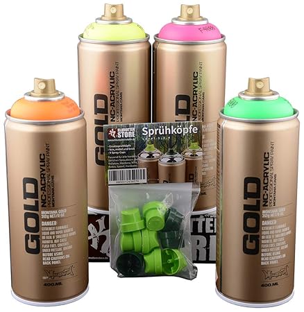 Sprühdosen Set Montana Gold fluoreszierende Neon Farben 4x400ml inkl. Ersatzsprühköpfe