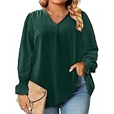Eytino Plus Size Tops for Women Sexy V Neck Smocked Long Sleeve Blouse Loose Casual Work Shirts(1X-5X)