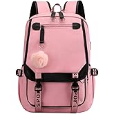 JiaYou Teenage Girls' Backpack Middle School Students Bookbag Outdoor Daypack with USB Charge Port (21 Liters, Pink Black)