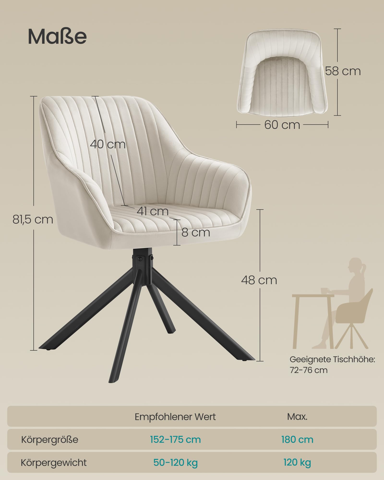 SONGMICS Esszimmerstuhl, bis 120 kg belastbar, Küchenstuhl, Sessel drehbar, Samt, Polsterstuhl mit Armlehnen, Stahlbeine, für Esszimmer, Küche, cappuccinobeige-tintenschwarz KDC161LH01V2 4
