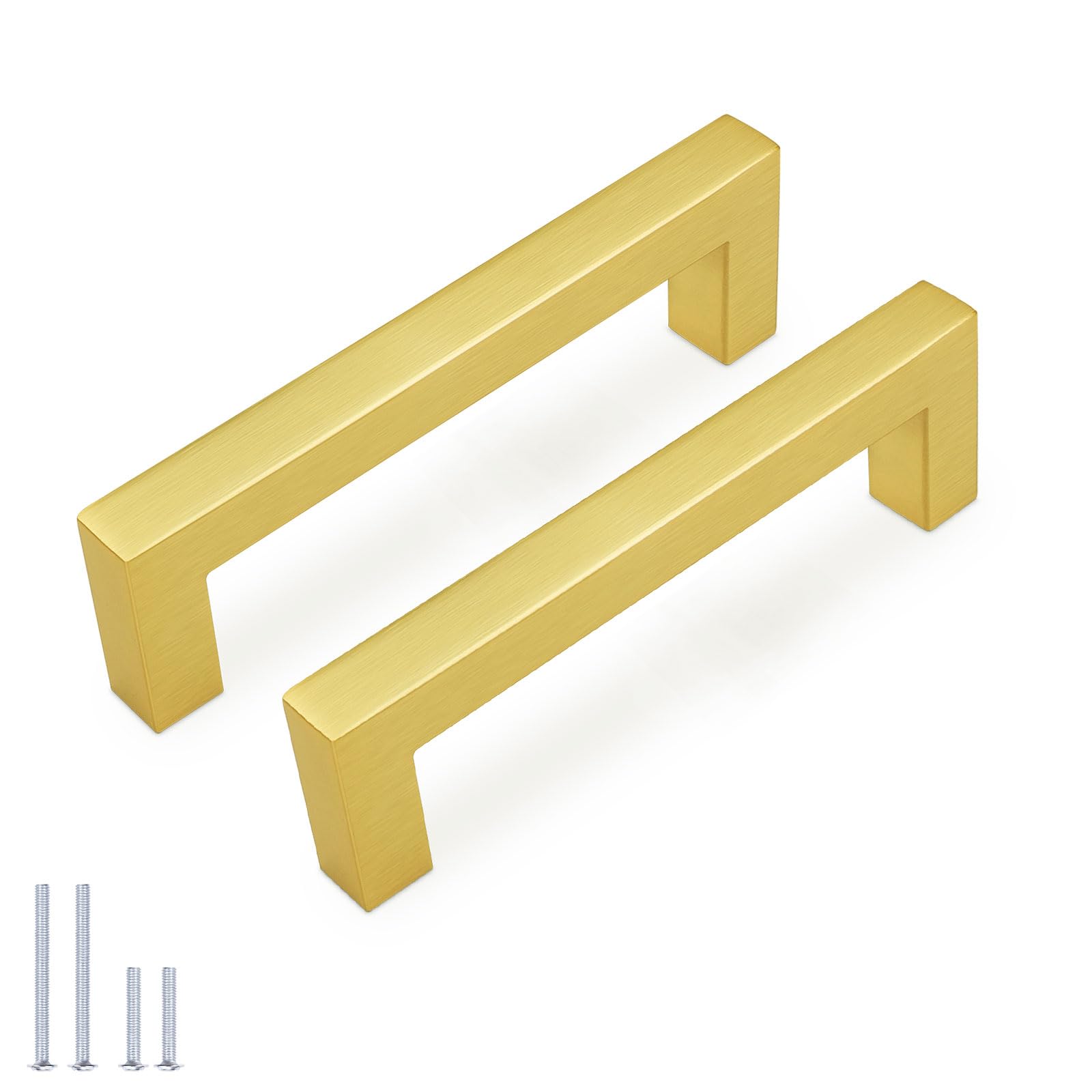 KNOBWELL 20Pack 3-3/4 Inch Brushed Gold Cabinet Pulls Stainless Steel Kitchen Cabinet Handles Square Drawer Pulls Modern Cabinet Hardware Handles，96mm Hole Centers Image