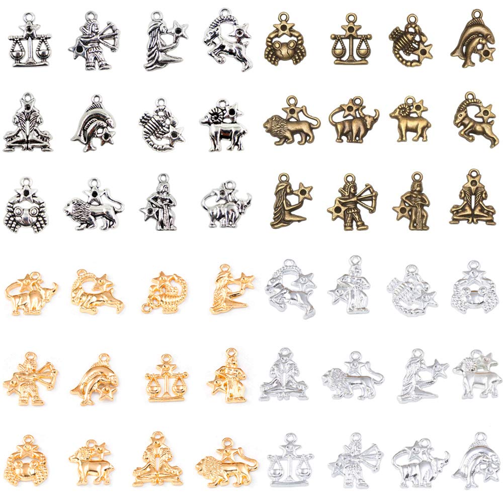 48pcs Zodiac Charms 12pcs Constellation Pendants Double Sided Zodiac Charms Pendants for DIY Necklace Bracelet Jewelry Making, Small, Alloy Steel