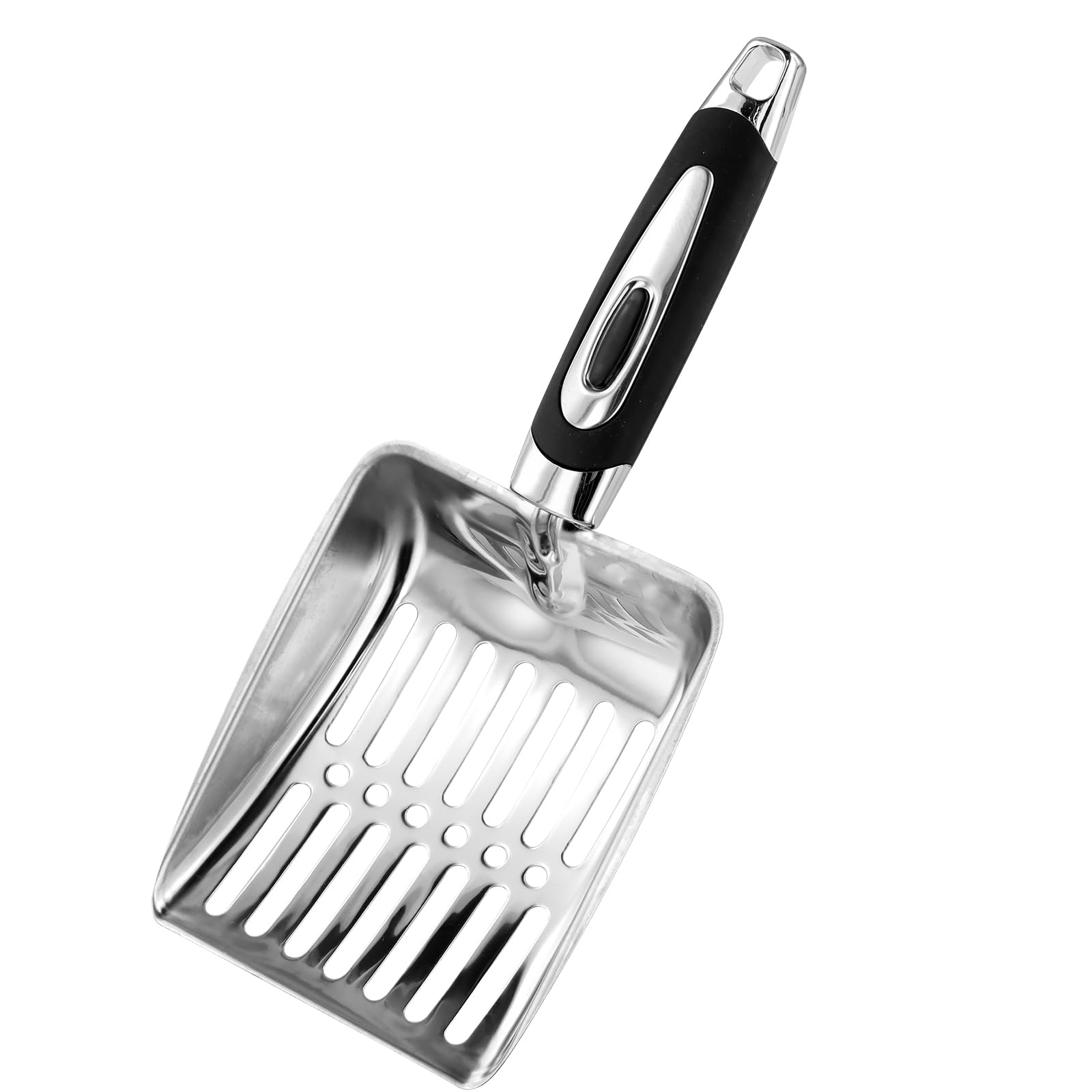 Amexo Cat litter scoop, 25.2×10.8cm Stainless steel litter tray scoop With plastic handle, poop scoop in metal with hole spacing 6mm for cats dogs rabbits hamsters and other animals