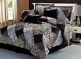 7 Piee QUEEN Size Safari Comforter set - Zebra, Giraffe, Leopard, Tiger Etc - Multi Animal Print Bed in a Bag Brown Beige Black White Micro Fur Bedding