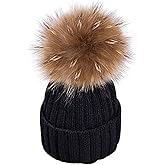 Womens Girls Warm Winter Raccoon Fur Pom Pom Ball Knit Beanie Skull Hat