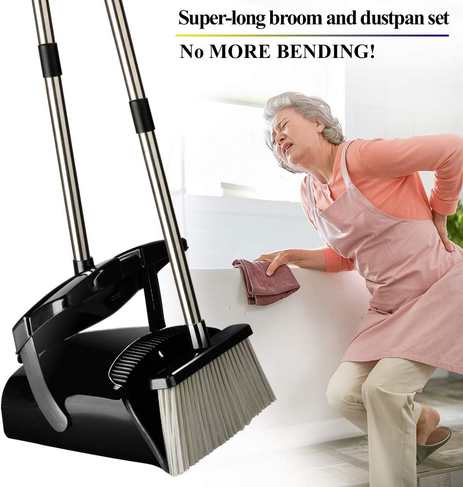 Broom and Dustpan Set with Lid, Stainless Steel Long Handle and Light Weight Lobby Broom Combo, Upright Dust Pan Ideal for Home, Kitchen, Room, Office Use by QJQBMAI: Health & Personal Care