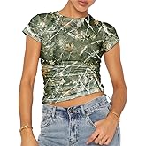 BAIGRAM Women Camo Shirt Short Sleeve Fitted Maple Leaf Print Crop Tops Cute Graphic Tees Vintage Y2K Going Out Summer