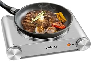 Hot Plate, CUSIMAX Electric Burner 1500W Hot Plate Cooking Single Burner Electric Stove with Heat-up in Seconds Adjustable Temperature Control Silver Stainless Steel Body, Your Kitchen Assistant