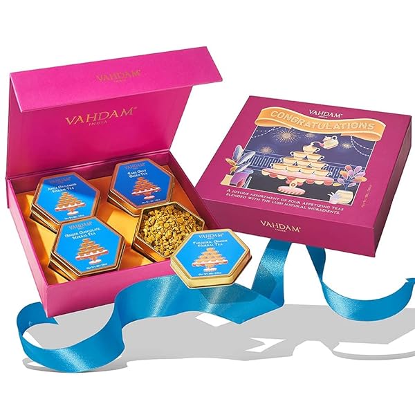 VAHDAM, CONGRATULATIONS ASSORTED TEA GIFT SETS FOR TEA LOVERS (7.05OZ/100+ CUPS) 4 LOOSE LEAF TEA – GREEN TEA, HERBAL TEA | GLUTEN FREE, NON GMO | GIFTS FOR WOMEN, GIFTS FOR MEN, GIFTS FOR HIM/HER