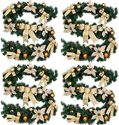 HeroTree 1.8M Christmas Wreath Garland for Stairs Fireplaces 6ft Artificial Christmas Wreath Garland with Gold Bow Flower Bow Ornament Artificial Xmas Tree Decorations (4pcs)