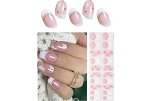 WAHRSHEI Semi Cured Gel Nail Strips | French Pink Flower 20pcs Semi Cured Gel Nails Sticker | Gel Nail Wraps UV for Home Nails DIY