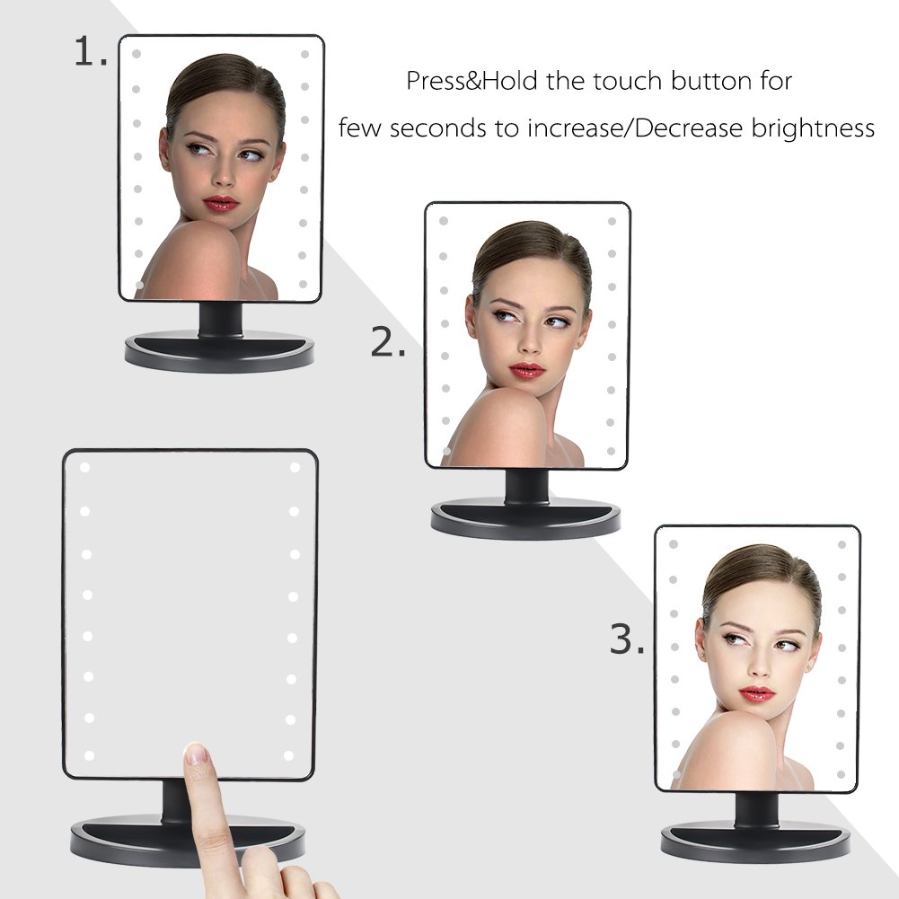 Makeup Mirror - 16 LED Touch Screen Tabletop Vanity Cosmetic Mirrors with Removable 10X Magnifying Mirror Dimming to Adjustable Brightness Power by USB (Black)