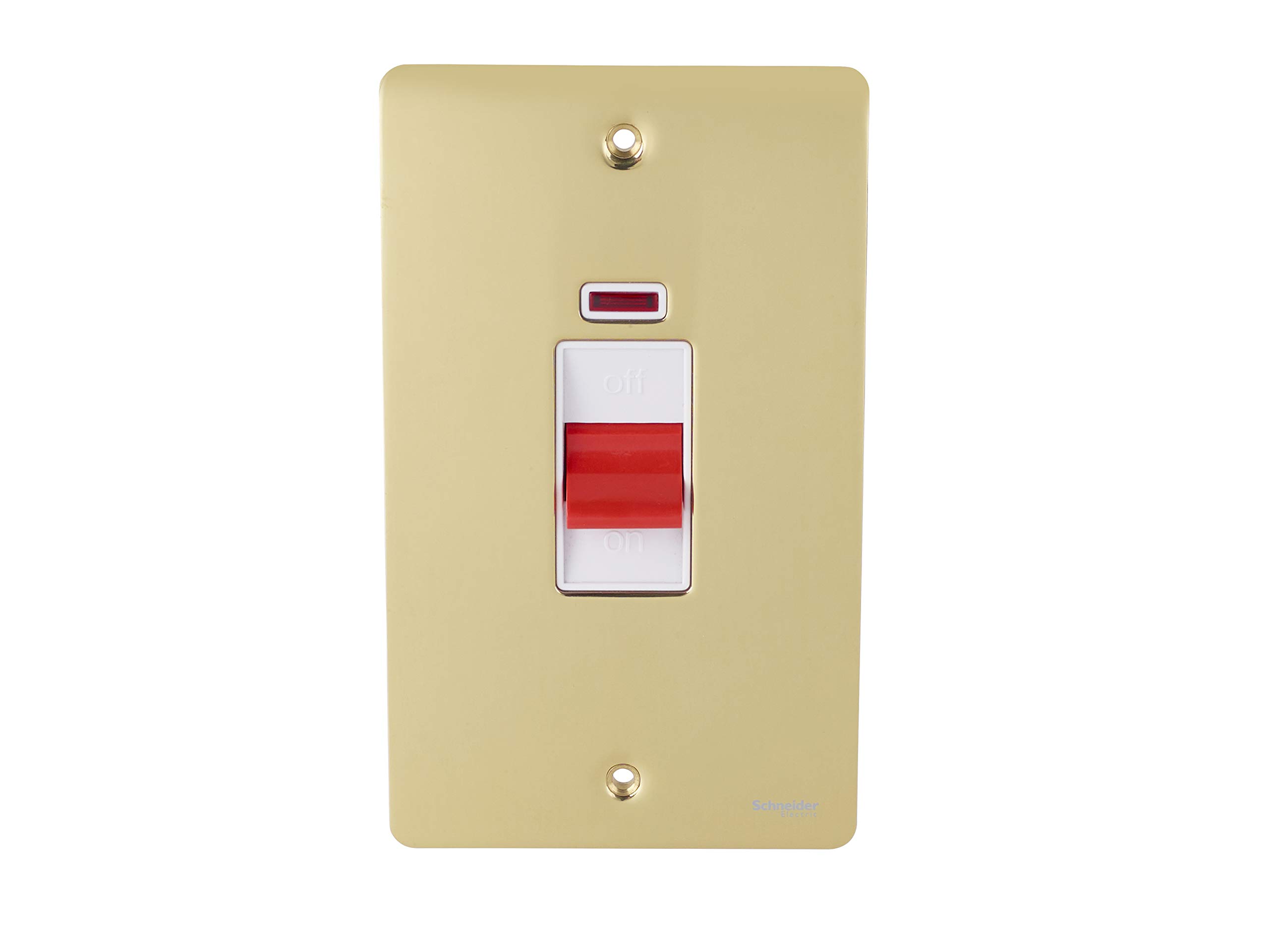 Schneider Electric Ultimate Flat Plate - Double Control Switch with Neon Indicator, Double Pole, 50AX, GU4221WPB, Polished Brass with White Insert
