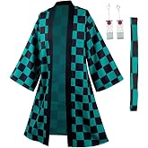 Men Women Anime Cosplay Robe Color Block Kimono Cardigan Jacket Earrings Set