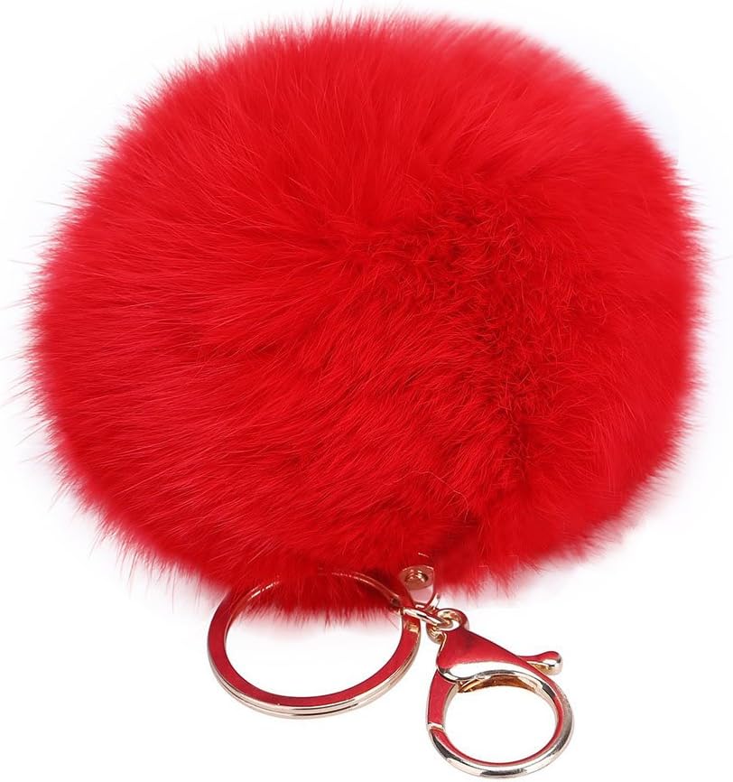 1Pcs Fluffy Keychain Keyring Lovely Keyring Handbag Pendant Fashion Ball Keyring Pom Pom Keychain Gift Cute Car Key Ring for Women Lady Girls Phone Bag Ornaments Decoration (Red)