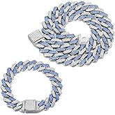 OWNCOOL 2 PCS Blue Iced Out Cuban Link Chain Cuban Diamond Chain Necklace Bracelet Bling Hip Hop Jewelry for Men Women