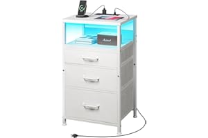 YeTom Nightstand with Charging Station, LED Night Stand with Drawers (Fabric), Bedside Table with Open Shelf, End Table with Steel Frame, 3 Drawer Dresser for Bedroom, Small Space, White Nightstand