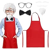 XLSXEXCL Costume for Kids, Dress Up Fast Food Costume Set with Red Apron, Wig, Glasses, Bow Tie, Beard, Eyebrows, Mustache, for Halloween Costume Parties, Theme Events