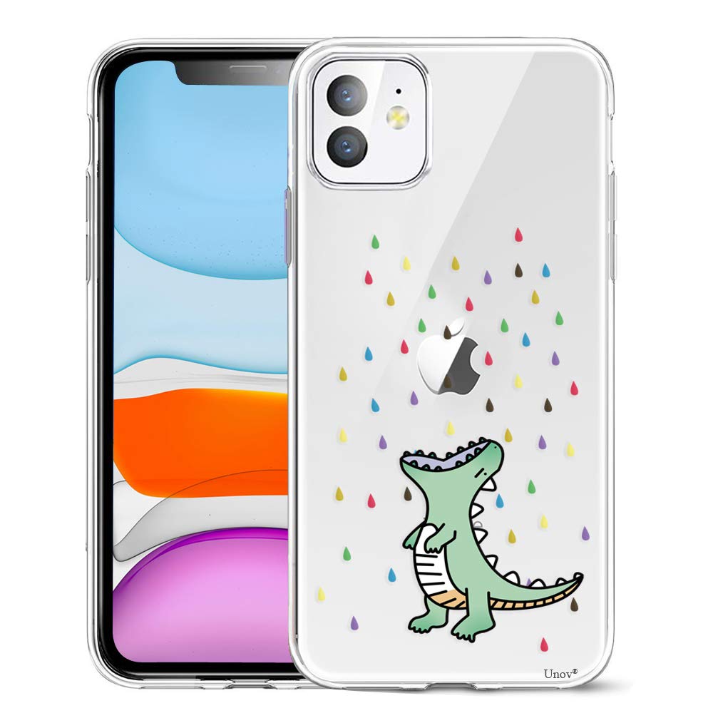 Unov Case Compatible with iPhone 11 Case Clear with Pattern Slim Protective Soft TPU Bumper Embossed Design 6.1 Inch (Rainbow Dinosaur)
