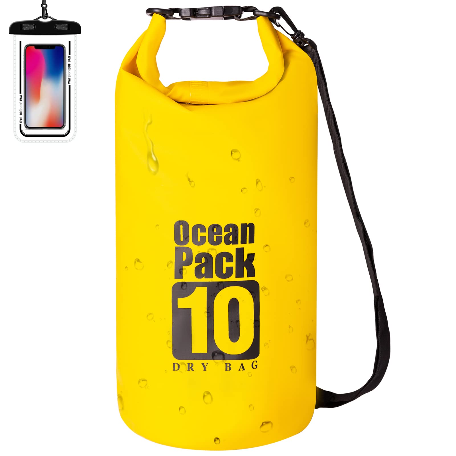 Yearnlife Dry Bag 10L Waterproof Bag, Dry Sack with Adjustable Shoulder Strap and Phone Pouch for Swimming/Boating/Camping/Hiking/Fishing Yellow