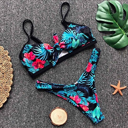 2018 New Bikini Set, Balakie Women Floral Print Push-Up Padded Swimwear Flower Print Straps Separate Swimsuit Bandage Beachwear (S, Blue) - Thumbnail 2