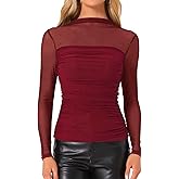 Allegra K Mesh Top Women Sheer See Through Long Sleeve Mock Neck Slim Fit Ruched Shirts Trendy Casual Going Out Tops Blouses