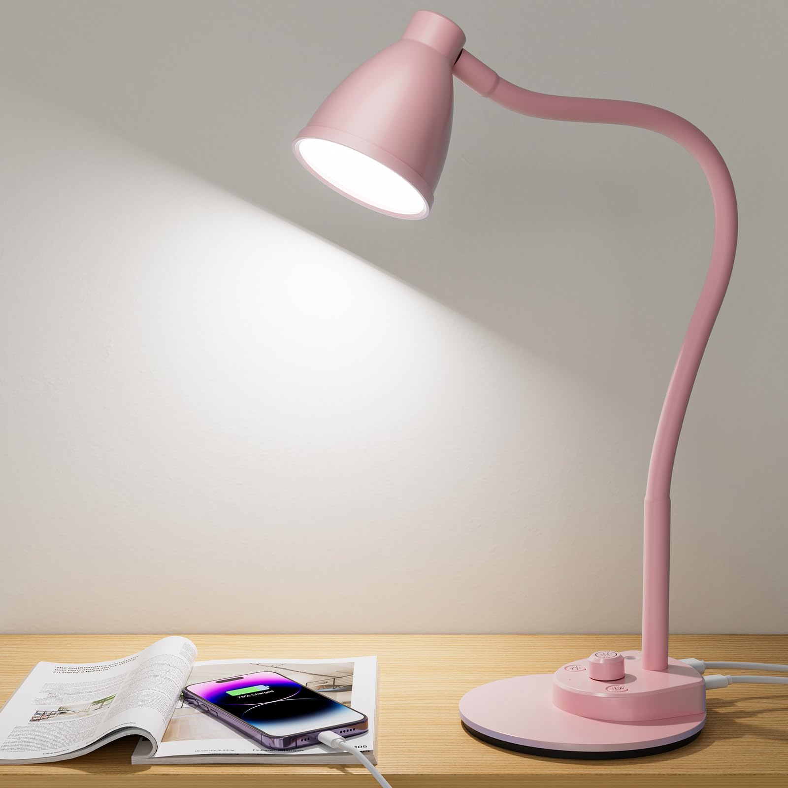 Photo 1 of BOHON Cute Desk Lamp with USB Charging Port, Pink Lamp 3 Color Modes Dimmable LED Reading Lamp, Flexible Gooseneck Auto Dimming Table Task Light for Home Office Dorm Bedside, Pink