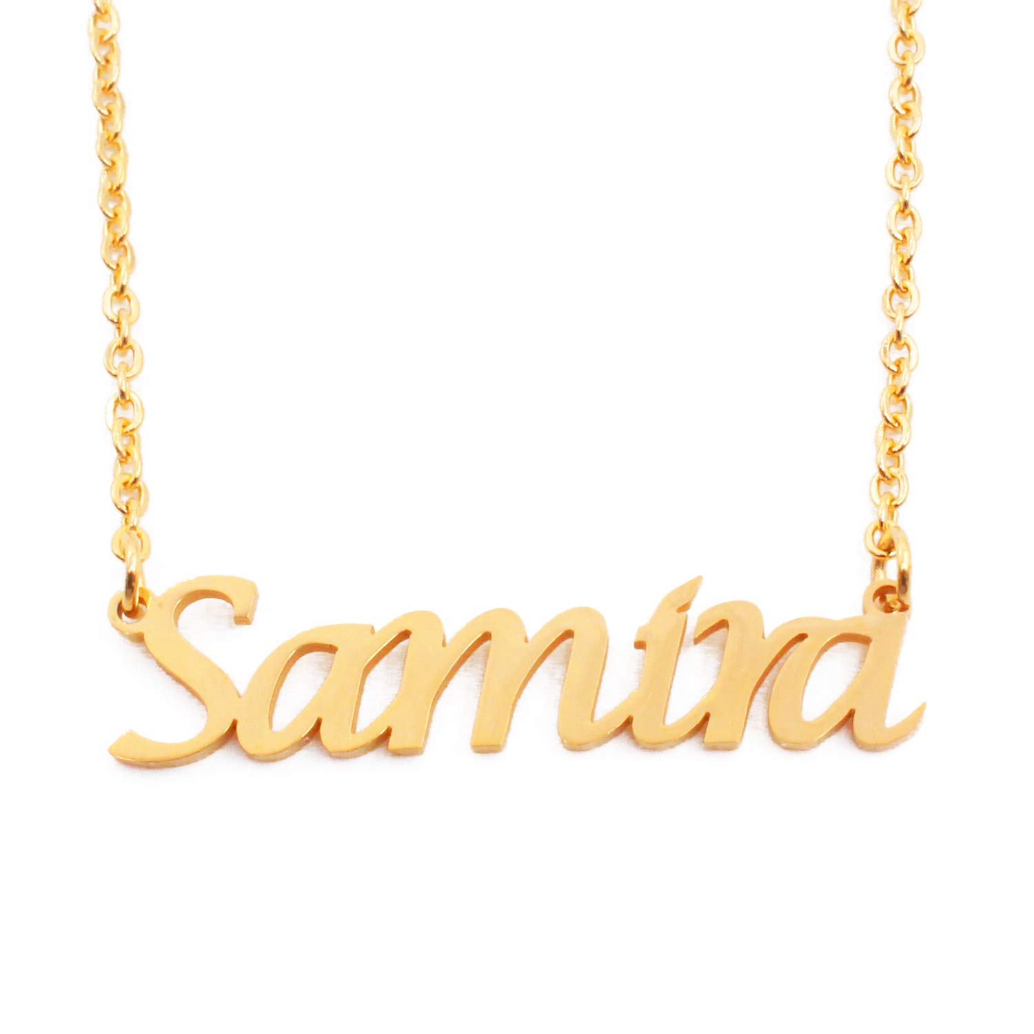 Kigu Samira Name Necklace Personalised 18ct Gold Plated, Custom Dainty Name Pendants, Jewellery for Ladies, Girlfriend, Mother, Sister, Friends Inc Bag & Box