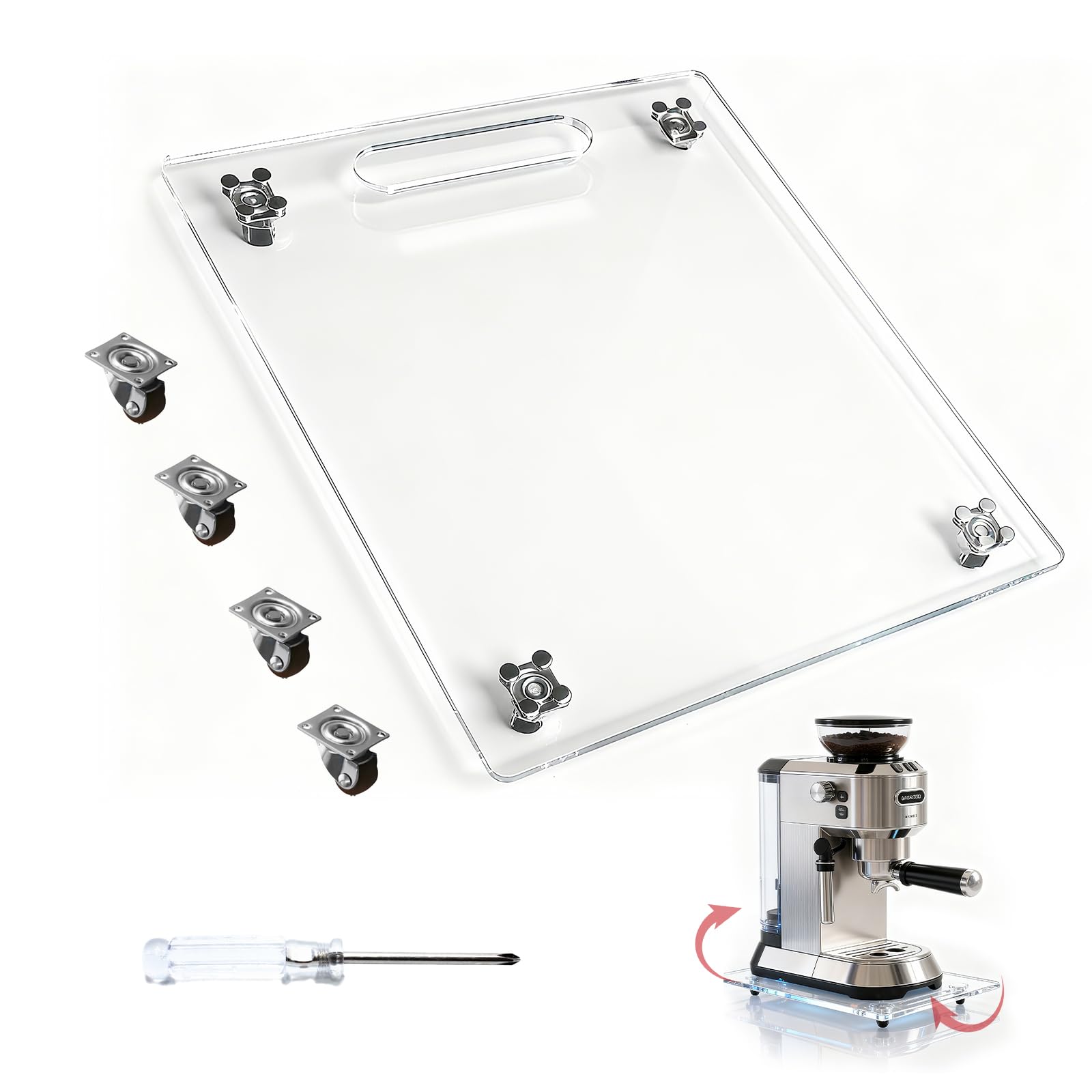 Photo 1 of ***MISSING PIECES*** varrisin Acrylic Sliding Tray for Coffee Maker, Kitchen Appliance Sliders with 360° Rolling Rubber Wheels, Coffee Slider for Countertop, 13" x 14"