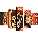 HD Printed Day of the Dead Face Group Painting on Canvas All Saints Day Halloween Pictures Extra Large Wall Art for Living Room Modern Home Decor Gallery-wrapped Art 5 Panel Set Framed(60''Wx40''H)
