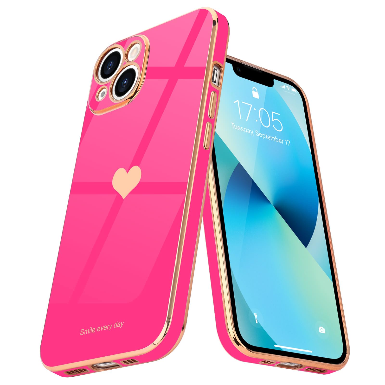 Teageo for iPhone 13 Case Cute Heart Pattern for Women Girls Slim Luxury Bling Plating Soft TPU Anti-Scratch Shockproof Bumper Phone Case for iPhone 13, Hot Pink — image 1